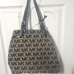 Michael Kors Black and Tan Geometric Shoulder Bag with Metal Hardware
